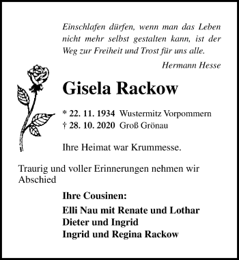 Traueranzeige von Gisela Rackow von Lübecker Nachrichten