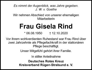 Traueranzeige von Gisela Rind von Ostsee-Zeitung GmbH