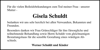 Traueranzeige von Gisela Schuldt von Ostsee-Zeitung GmbH