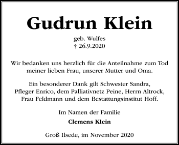 Traueranzeige von Gudrun Klein von Peiner Allgemeine Zeitung