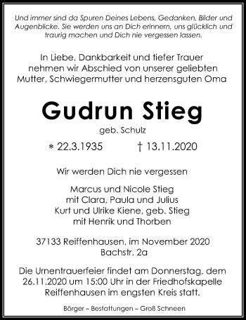 Traueranzeige von Gudrun Stieg von Göttinger Tageblatt