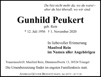 Traueranzeige von Gunhild Peukert von Aller Zeitung