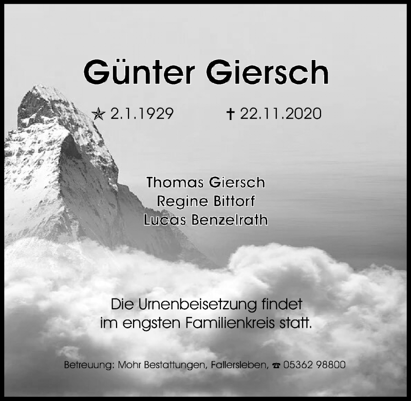  Traueranzeige für Günter Giersch vom 28.11.2020 aus Aller Zeitung