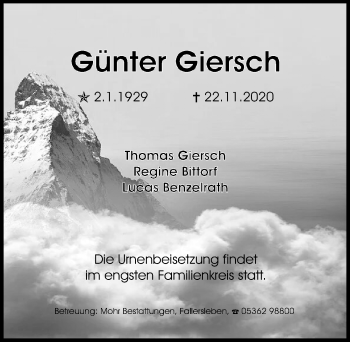 Traueranzeige von Günter Giersch von Aller Zeitung