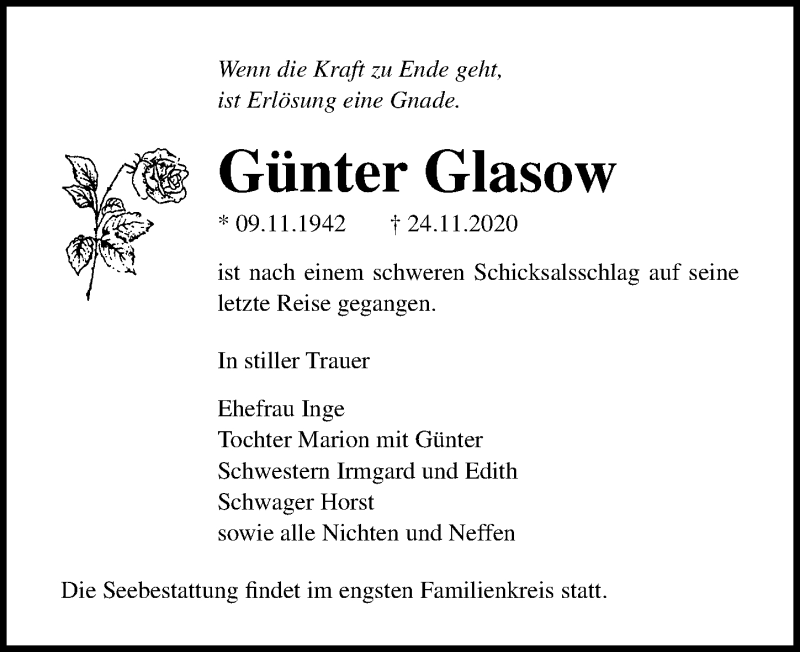 Traueranzeige für Günter Glasow vom 28.11.2020 aus Ostsee-Zeitung GmbH