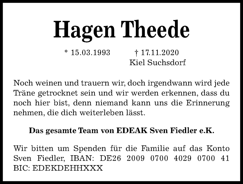 Traueranzeige für Hagen Theede vom 21.11.2020 aus Kieler Nachrichten