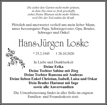 Traueranzeige von Hang-Jürgen Loske von Märkischen Allgemeine Zeitung