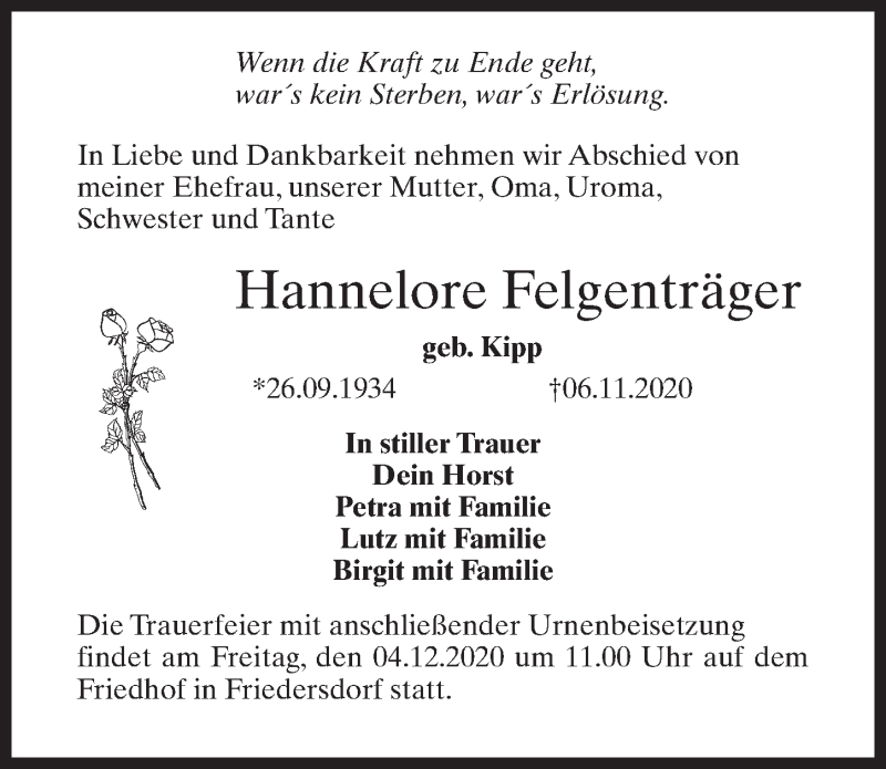  Traueranzeige für Hannelore Felgenträger vom 14.11.2020 aus Märkischen Allgemeine Zeitung