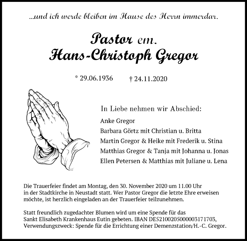  Traueranzeige für Hans-Christoph Gregor vom 29.11.2020 aus Lübecker Nachrichten