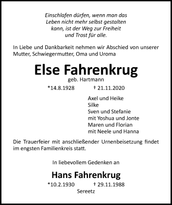 Traueranzeige von Hans Fahrenkrug von Lübecker Nachrichten