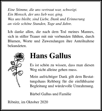 Traueranzeige von Hans Gallus von Ostsee-Zeitung GmbH