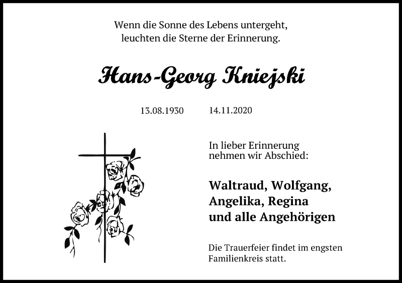  Traueranzeige für Hans-Georg Kniejski vom 18.11.2020 aus Lübecker Nachrichten