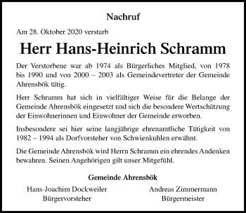 Traueranzeige von Hans-Heinrich Schramm von Lübecker Nachrichten