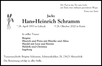 Traueranzeige von Hans-Heinrich Schramm von Lübecker Nachrichten