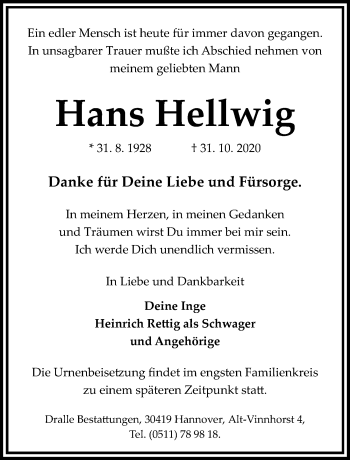 Traueranzeige von Hans Hellwig von Hannoversche Allgemeine Zeitung/Neue Presse