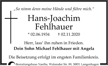 Traueranzeige von Hans-Joachim Fehlhauer von Hannoversche Allgemeine Zeitung/Neue Presse