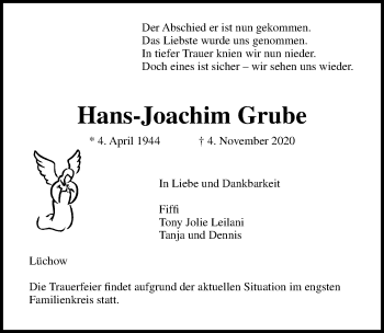 Traueranzeige von Hans-Joachim Grube von Lübecker Nachrichten