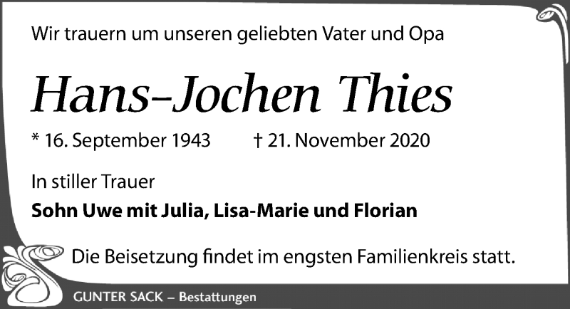  Traueranzeige für Hans-Jochen Thies vom 28.11.2020 aus Leipziger Volkszeitung