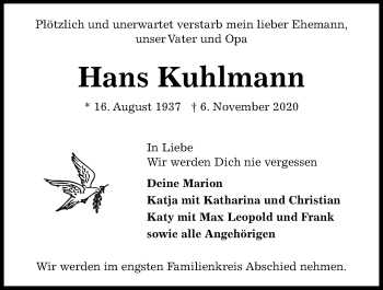 Traueranzeige von Hans Kuhlmann von Kieler Nachrichten