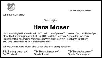 Traueranzeige von Hans Moser von Hannoversche Allgemeine Zeitung/Neue Presse