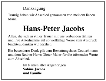 Traueranzeige von Hans-Peter Jacobs von Märkischen Allgemeine Zeitung