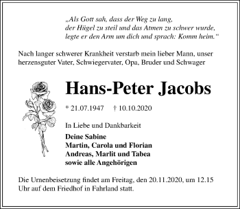 Traueranzeige von Hans-Peter Jacobs von Märkischen Allgemeine Zeitung