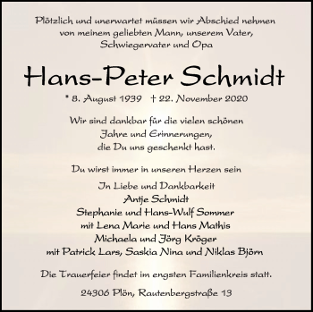 Traueranzeige von Hans-Peter Schmidt von Kieler Nachrichten