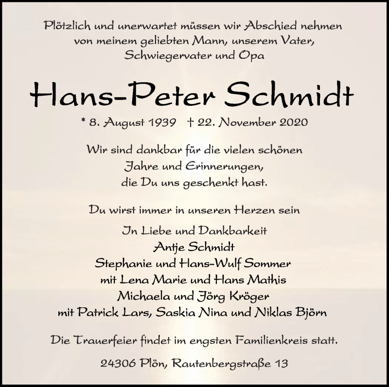  Traueranzeige für Hans-Peter Schmidt vom 28.11.2020 aus Kieler Nachrichten