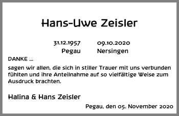 Traueranzeige von Hans-Uwe Zeisler von Leipziger Volkszeitung