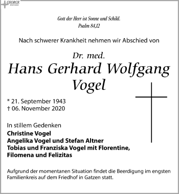 Traueranzeige von Hans Gerhard Wolfgang Vogel von Leipziger Volkszeitung