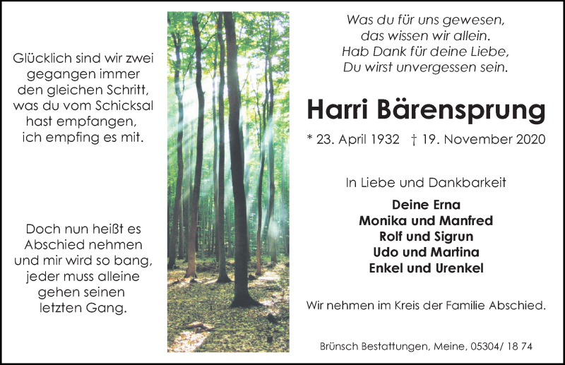  Traueranzeige für Harri Bärensprung vom 24.11.2020 aus Aller Zeitung