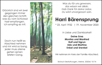 Traueranzeige von Harri Bärensprung von Aller Zeitung