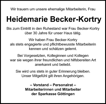 Traueranzeige von Heidemarie Becker-Kortry von Göttinger Tageblatt