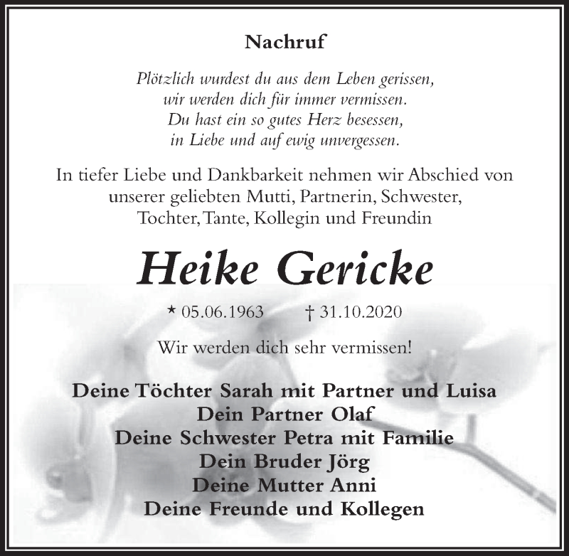  Traueranzeige für Heike Gericke vom 21.11.2020 aus Märkischen Allgemeine Zeitung