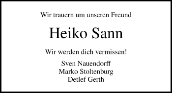 Traueranzeige von Heiko Sann von Ostsee-Zeitung GmbH