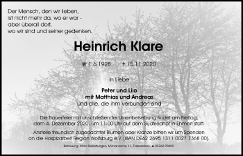 Traueranzeige von Heinrich Klare von Aller Zeitung