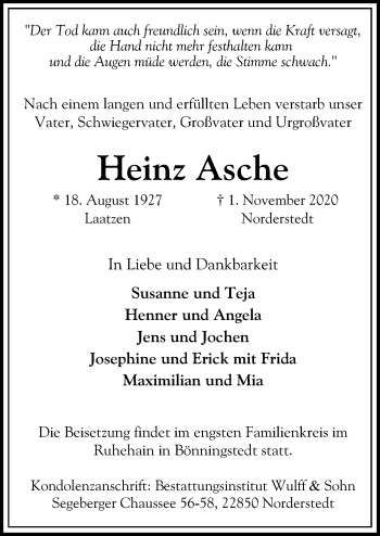 Traueranzeige von Heinz Asche von Hannoversche Allgemeine Zeitung/Neue Presse