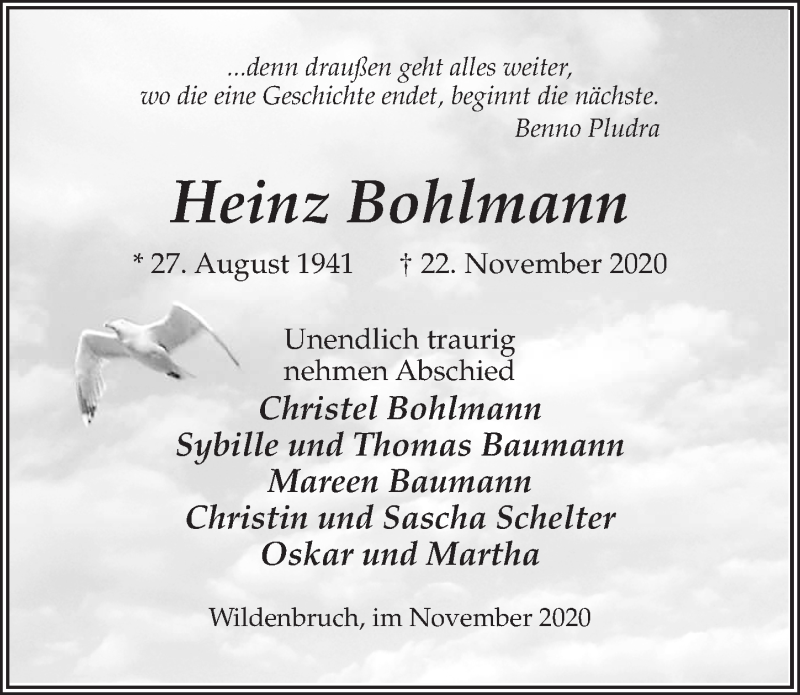  Traueranzeige für Heinz Bohlmann vom 28.11.2020 aus Märkischen Allgemeine Zeitung