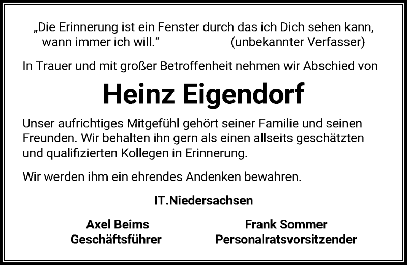  Traueranzeige für Heinz Eigendorf vom 27.11.2020 aus Hannoversche Allgemeine Zeitung/Neue Presse