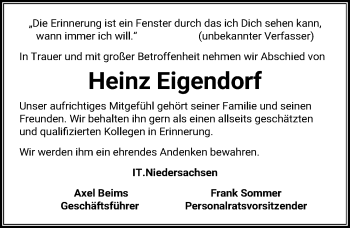 Traueranzeige von Heinz Eigendorf von Hannoversche Allgemeine Zeitung/Neue Presse