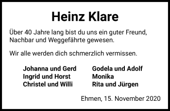 Traueranzeige von Heinz Klare von Aller Zeitung