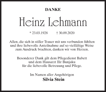 Traueranzeige von Heinz Lehmann von Märkischen Allgemeine Zeitung