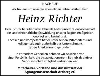 Traueranzeige von Heinz Richter von Torgauer Zeitung