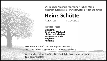 Traueranzeige von Heinz Schütte von Aller Zeitung