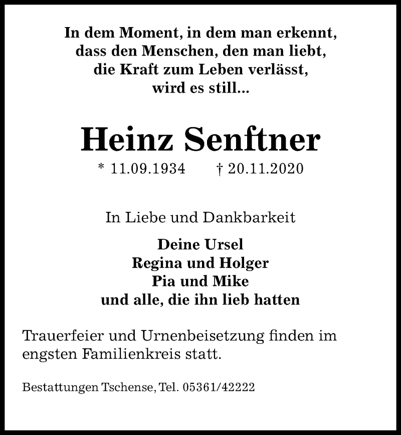  Traueranzeige für Heinz Senftner vom 28.11.2020 aus Aller Zeitung