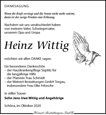 Traueranzeige von Heinz Wittig von Torgauer Zeitung