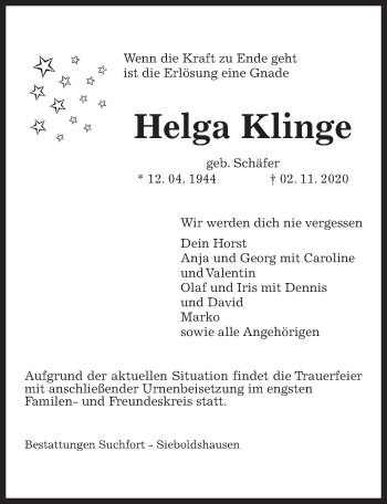 Traueranzeige von Helga Klinge von Göttinger Tageblatt