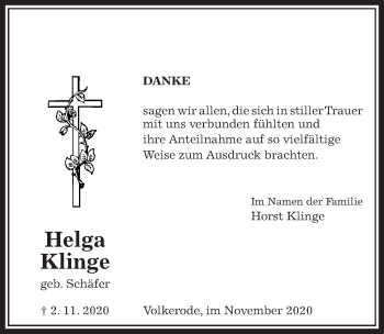 Traueranzeige von Helga Klinge von Göttinger Tageblatt