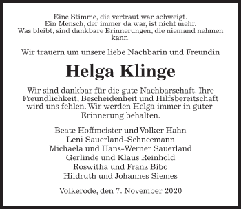 Traueranzeige von Helga Klinge von Göttinger Tageblatt