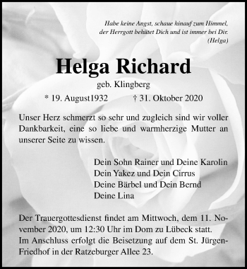 Traueranzeige von Helga Richard von Lübecker Nachrichten